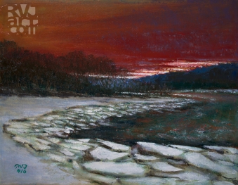 "psalm 195, ice out, West River", oil painting by Roger Vincent Jasaitis, copyright 2016, RVJart.com